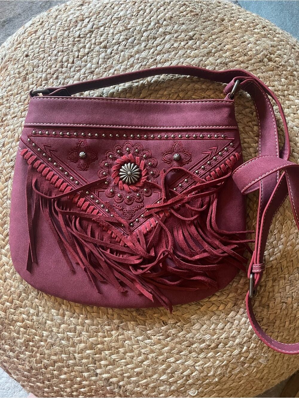 Montana West Maroon Fringed Suede Crossbody Bag